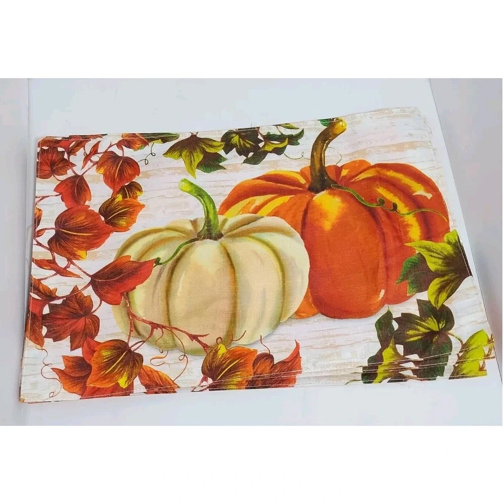 Set of 6 Pumpkin And Leaves Fall Thanksgiving Harvest Placemats Red Orange White